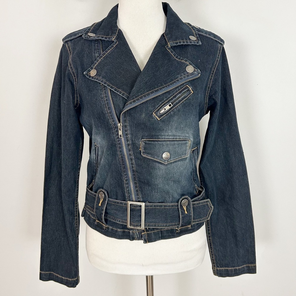 No Boundaries Juniors Dark Slub Denim Moto Jacket Belted Y2K Stretch Medium